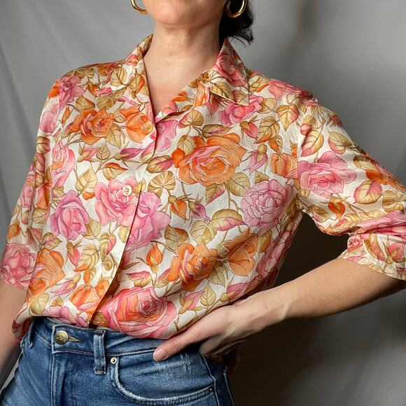 Vintage 70s pink roses print floral 1/2 sleeve blouse button-down top‎ rose L - Picture 13 of 17